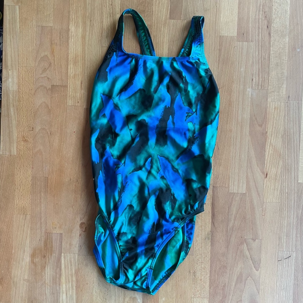 Vintage Blue Green 80’s Print Speedo Racerback one piece swim XL